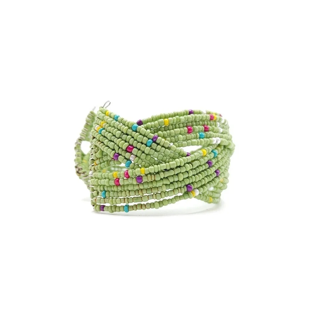 Green Seed Bead Coil Bracelet‎ Boho Multi Strand Cuff
